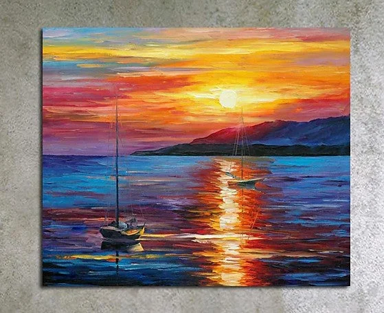 Unique farmhouse table lamp-Boat Paintings, Simple Modern Art, Paintings for Living Room, Sunrise Painting, landscape Canvas Painting, Hand Painted Canvas Painting