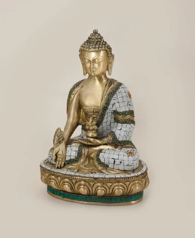 Vintage gold wall art-Brass Healing Medicine Buddha Statue With White & Green Mosaic