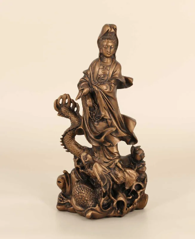 Small iron wall art-Bronze Finish Kuan Yin Dragon Statue