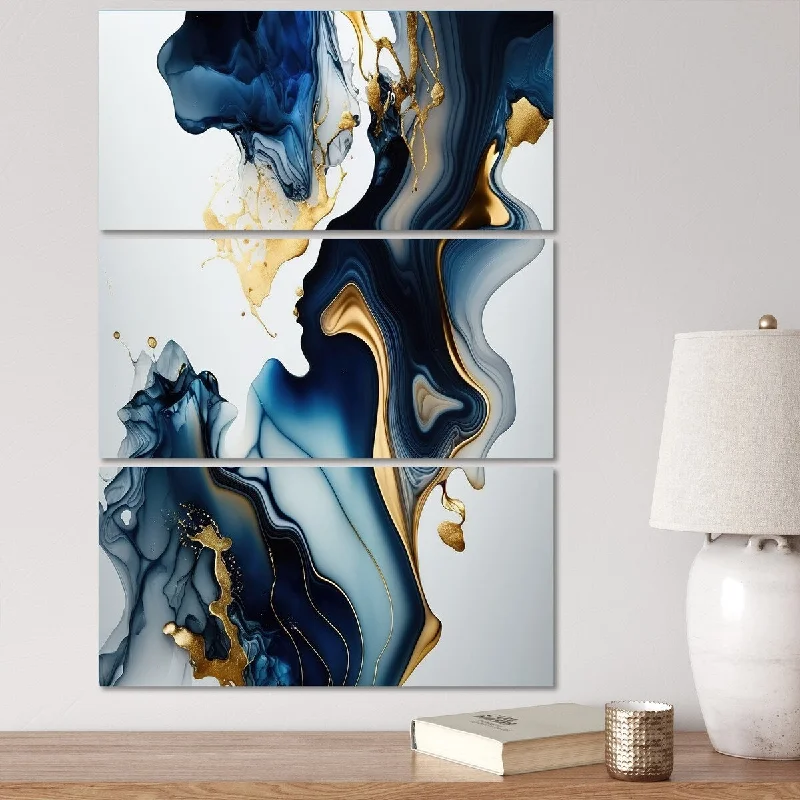 Large floral canvas print-Designart "Abstract Geode Marble Blue I" Abstract Marble Canvas Art Print - 3 Panels