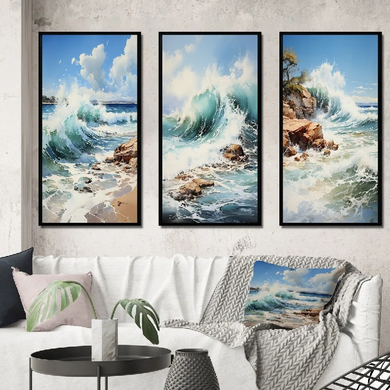 Unique industrial wall shelf-Designart "Beach Photo Coastal Symphony VI" Nautical & Beach Framed Wall Art Set Of 3 For Living Room Decor