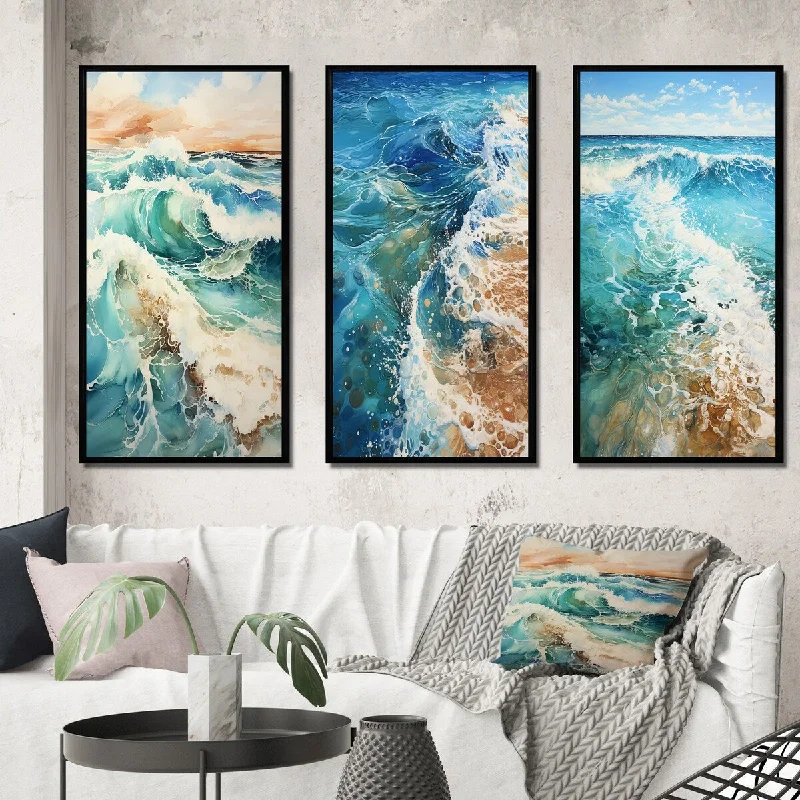 Rustic pine wall shelf-Designart "Beach Photo Oceanic Rhythms XIII" Nautical & Beach Framed Wall Art Set Of 3 For Living Room Decor