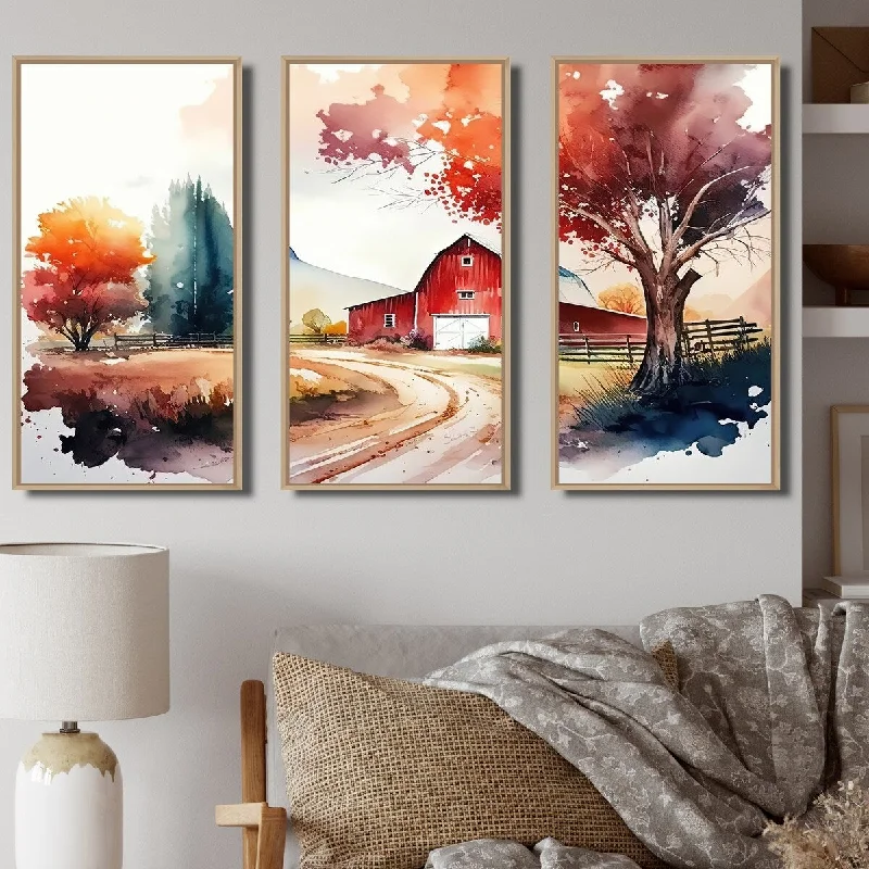 Contemporary glass table tray-Designart "Calm Red Barn In Spring VII" Farmhouse / Country Framed Canvas Art Print - 3 Panels