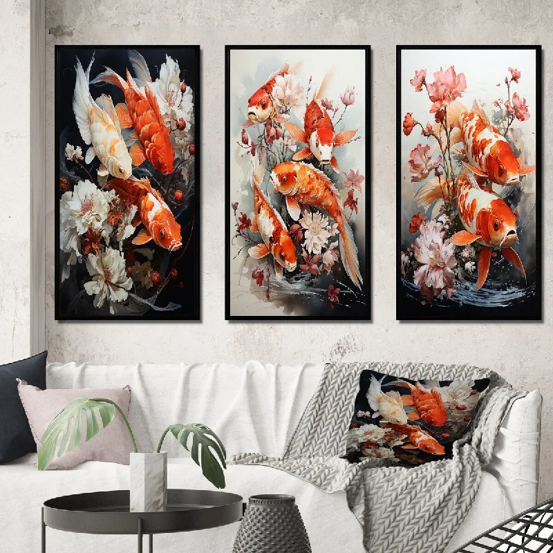 Large abstract wall art-Designart "Fishing Contemporary Koi Fish III" Animals Framed Wall Art Set Of 3 Frame Canvas Set For Living Room Decor