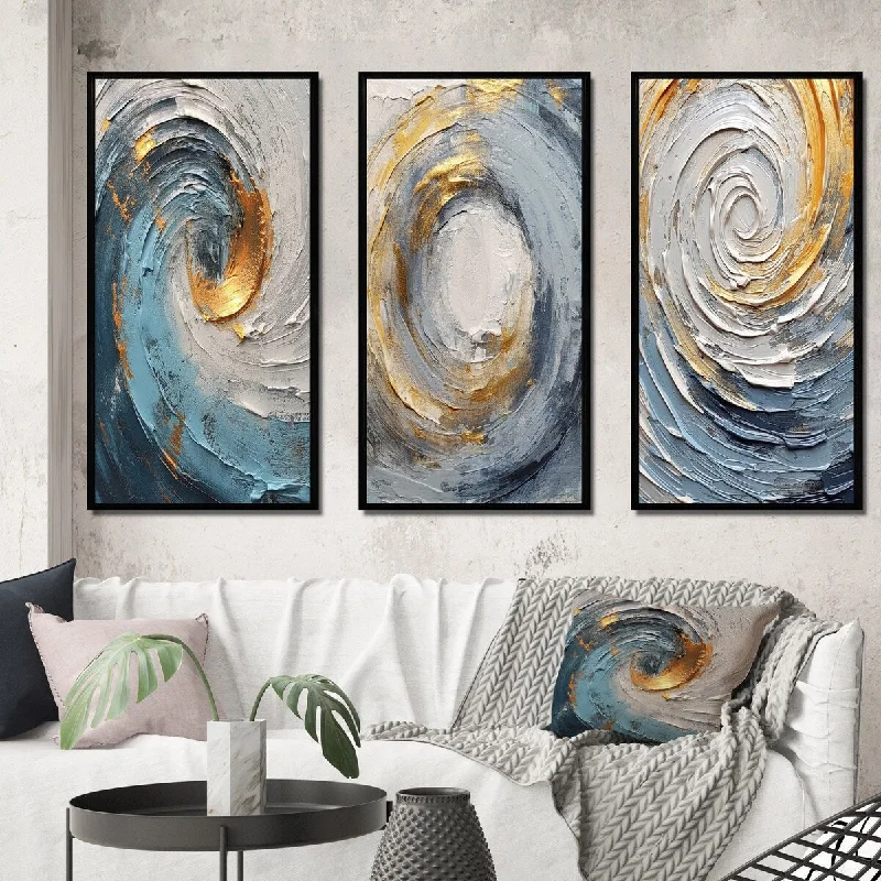 Rustic oak wall art-Designart "Gold Blue Vibrant Spirals" Abstract Spirals Framed Wall Art Set Of 3 Frame Gallery Wall Set For Home Decor