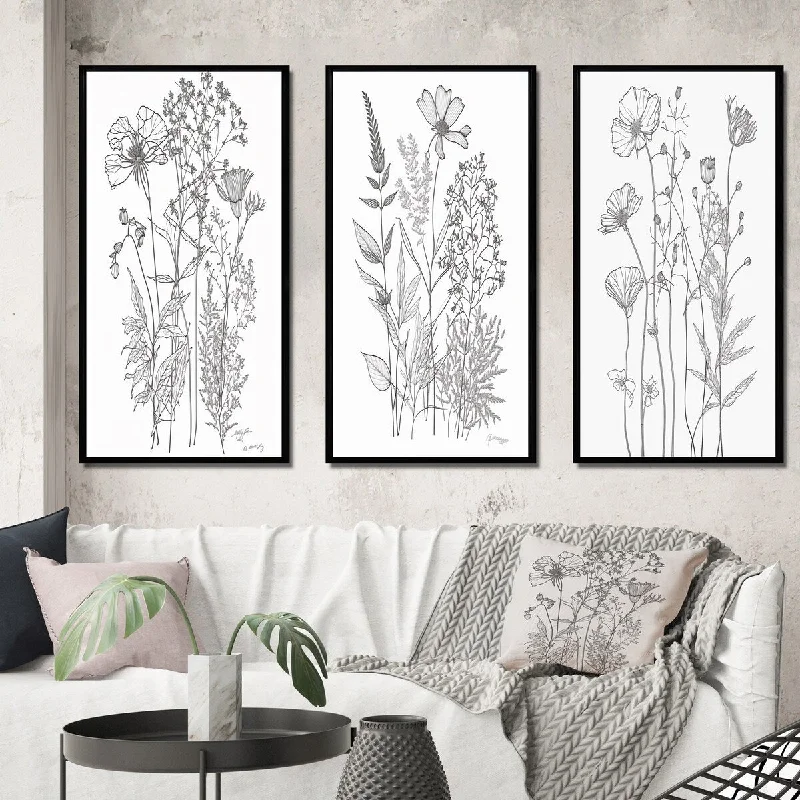 Small iron table figurine-Designart "Minimal Wildflowers Drawing Black On White IV" Wildflowers Frame Gallery Set Of 3 For Office Decor