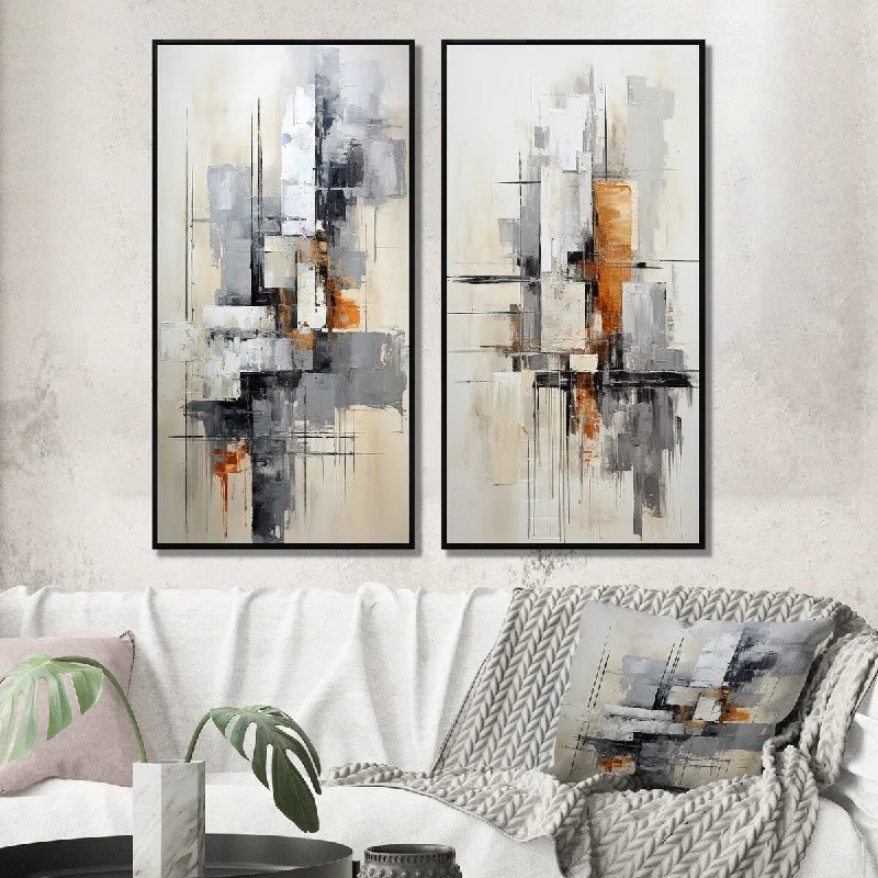 Contemporary glass wall art-Designart "Minimalist Montage" Abstract Collages Framed Wall Art Set Of 2 - White Wall Art Set Of 2