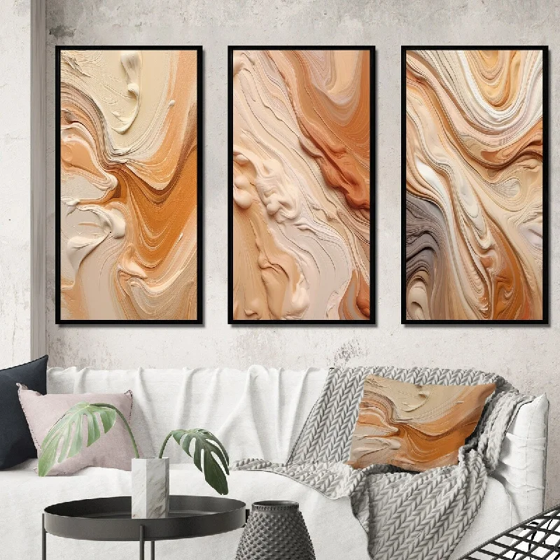 Unique mid-century wall art-Designart "Orange Beige Unbounded Imagination III" Abstract Framed Wall Art Set Of 3 Frame Gallery Set For Office Decor