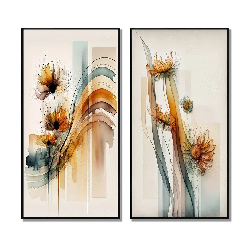 Unique farmhouse wall mirror-Designart "Orange Daisy Flowers Hyperrealistic" Daisy Framed Wall Art Set Of 2 - White Wall Art Set Of 2