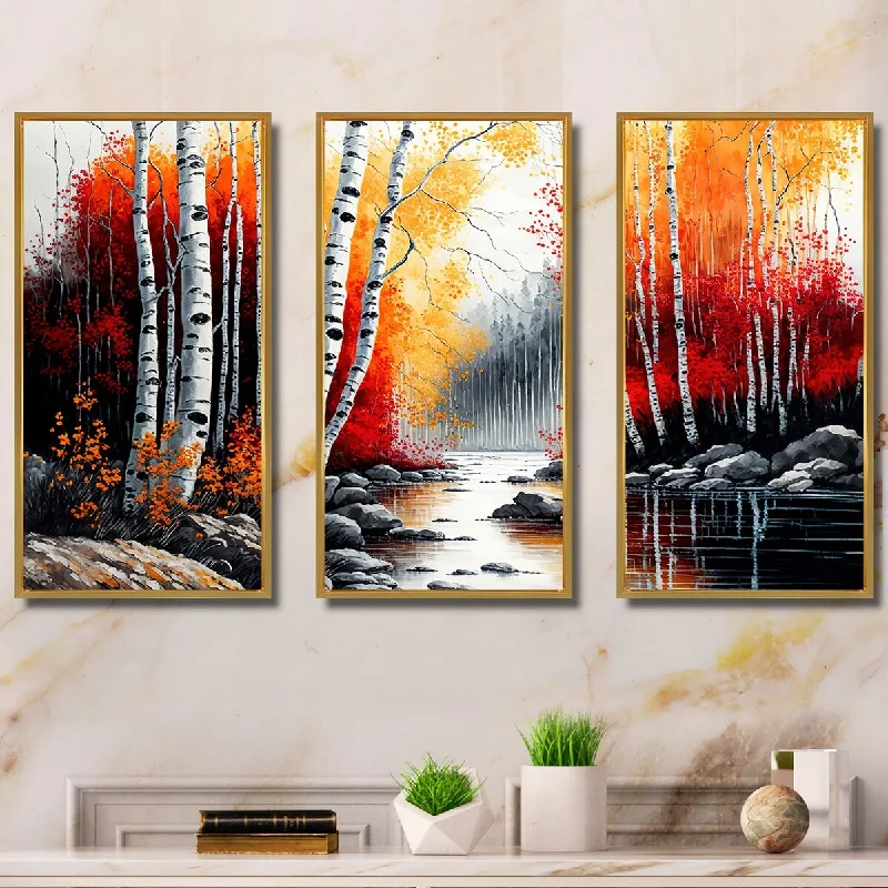 Unique farmhouse wall sign-Designart "Red And Orange Birch Trees By The River " Landscape Lake River Framed Canvas Art Print - 3 Panels