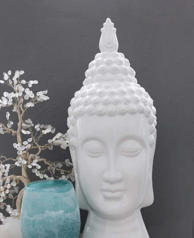 Minimalist white wall shelf-Elegant Ceramic Buddha Head Statue, 20 Inches