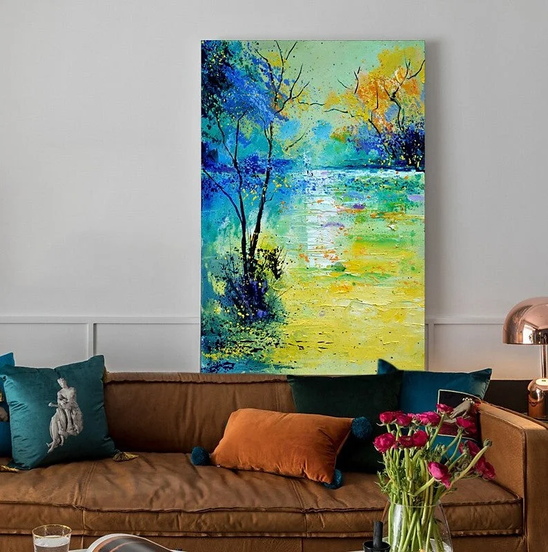 Elegant velvet wall art-Forest Tree by the Lake Painting, Abstract Landscape Painting, Canvas Painting Landscape, Paintings for Living Room, Simple Modern Acrylic Paintings,