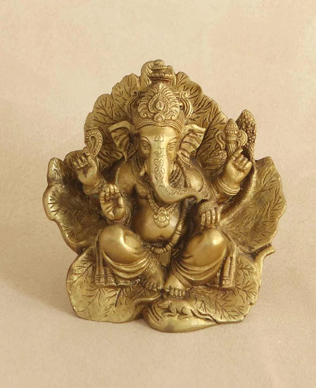 Rustic oak wall shelf-Ganesh Statue on Leaf Throne