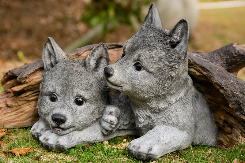 Modern acrylic wall art-Gray Wolf Cubs Hiding under Log Statue