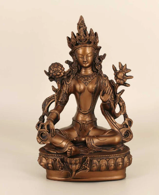 Minimalist gray wall shelf-Green Tara Statue, Bronze Finish