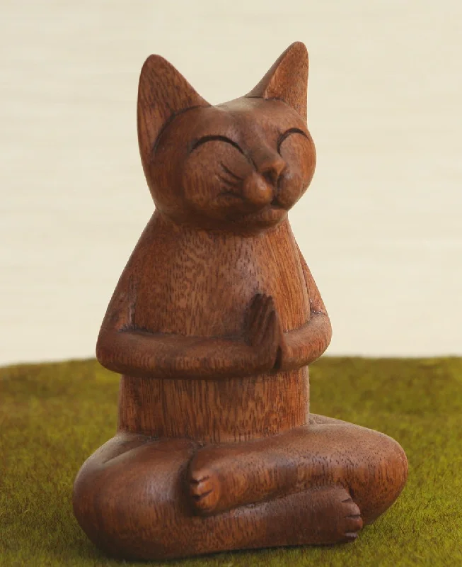 Elegant rattan wall art-Hand Carved Praying Namaste Cat Statue