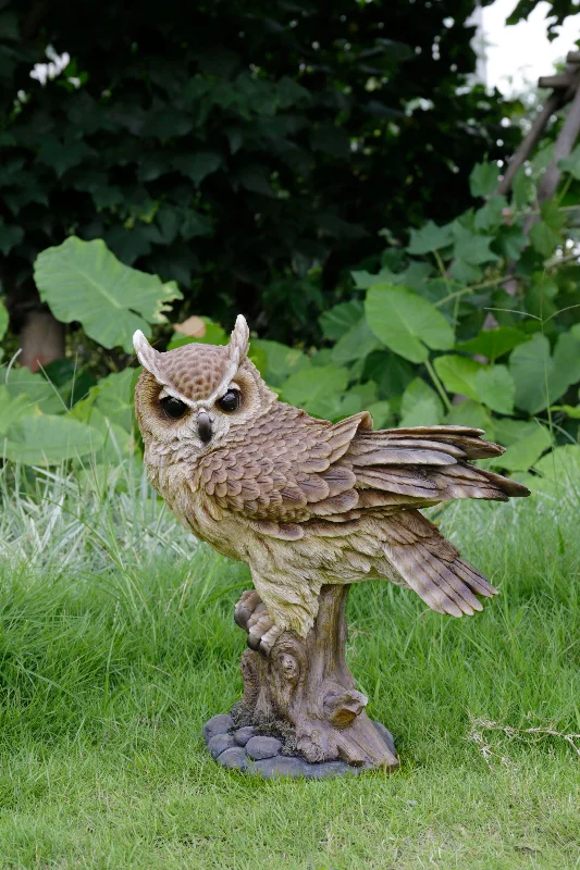 Handmade clay vase ornament-Large Long Eared Owl On Stump W/Fluffed Feathers