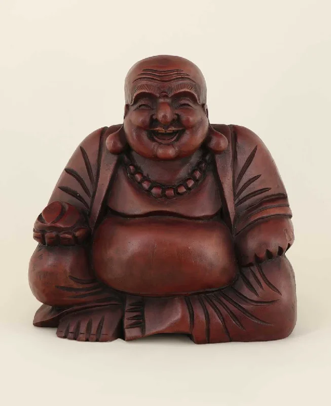 Minimalist white wall shelf-Mahogany Finish Sitting Happy Buddha Statue