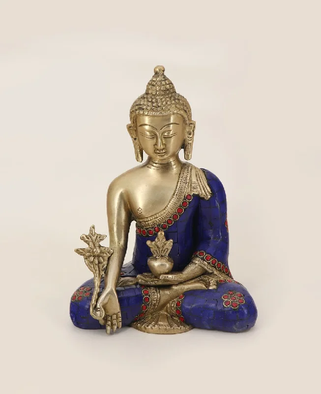 Vintage silver wall art-Medicine Buddha Statue in Artistic Brass Mosaic