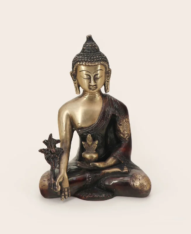 Contemporary glass wall shelf-Medicine Buddha Statue in Brass With Intricate Design