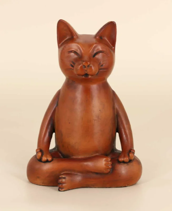 Minimalist white wall shelf-Meditating Cat Statue, Mahogany Finish