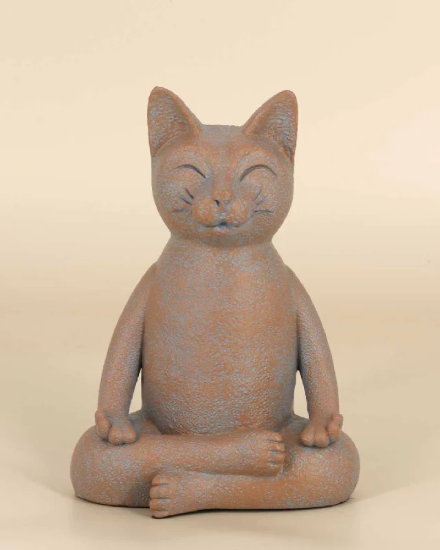 Handmade jute wall vase-Meditating Cat Statue, Textured Finish