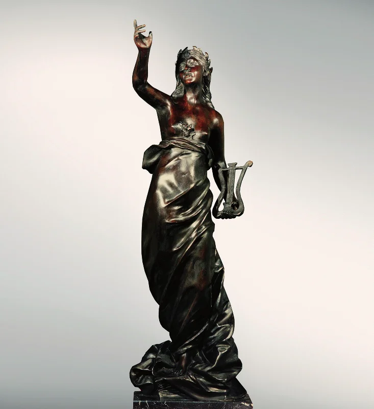 Contemporary glass wall art-Muse with Lyre Bronze Statue