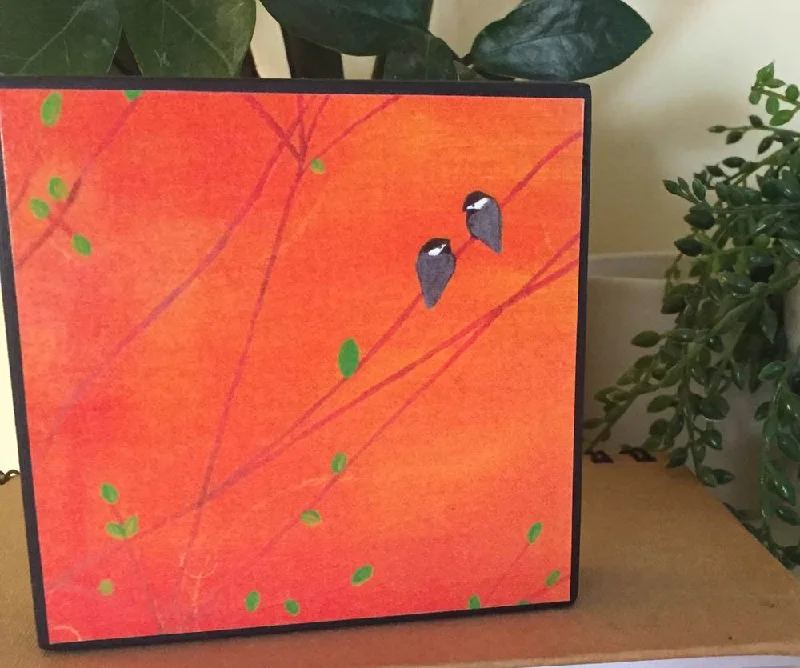 Unique mid-century table tray-Orange Chickadees Plaque