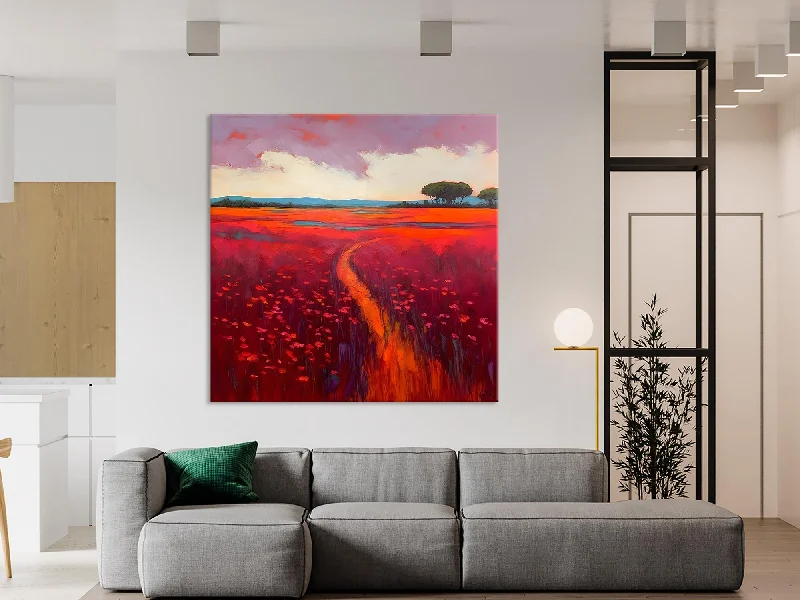 Contemporary matte wall shelf-Original Hand Painted Wall Art, Landscape Paintings for Living Room, Abstract Canvas Painting, Abstract Landscape Art, Red Poppy Field Painting