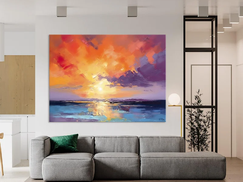 Handcrafted bamboo wall tapestry-Original Landscape Oil Paintings, Sunrise Paintings, Large Contemporary Wall Art, Oil Painting on Canvas, Extra Large Paintings for Bedroom