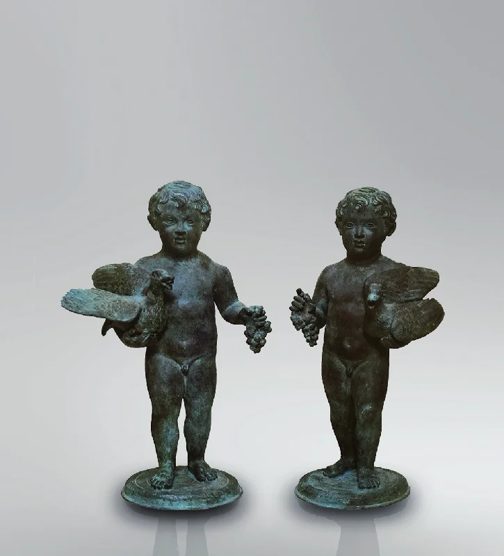 Contemporary ceramic throw pillow-Putti Children Bronze Statue in Pair