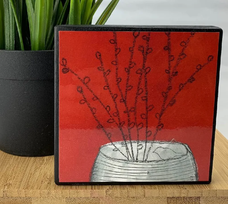 Modern brass wall hook-Red Vase & Willows Plaque