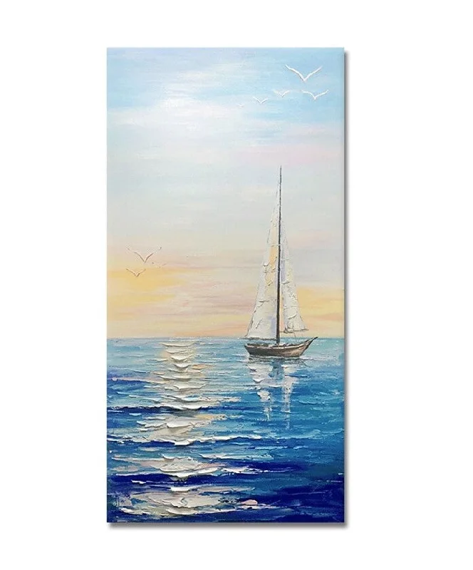 Vintage silver wall shelf-Sail Boat Seascape Painting, Heavy Texture Painting, Palette Knife Painting, Acrylic Painting on Canvas, Large Painting for Sale