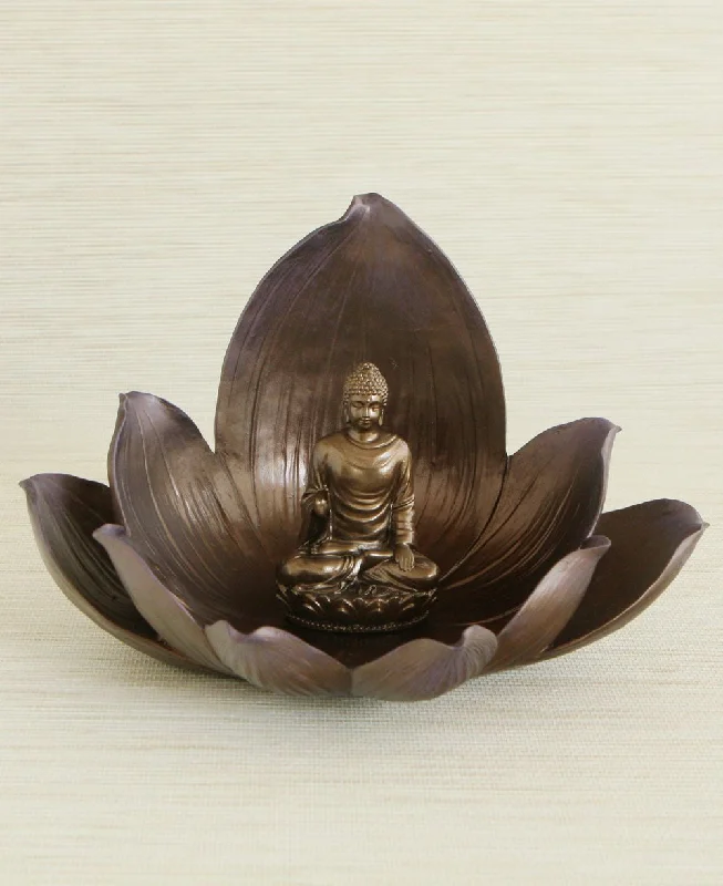 Handcrafted wooden candle lantern-Serene Buddha and Lotus Statue