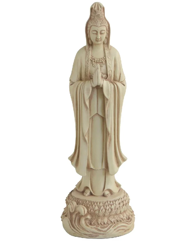 Contemporary glass vase holder-Serene Praying Kuan Yin Statue in Stone Finish