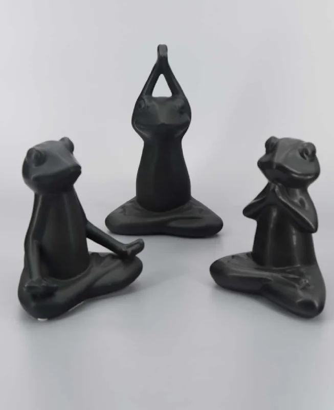 Unique farmhouse wall sign-Set of 3 Yoga Frog Black Ceramic Statues