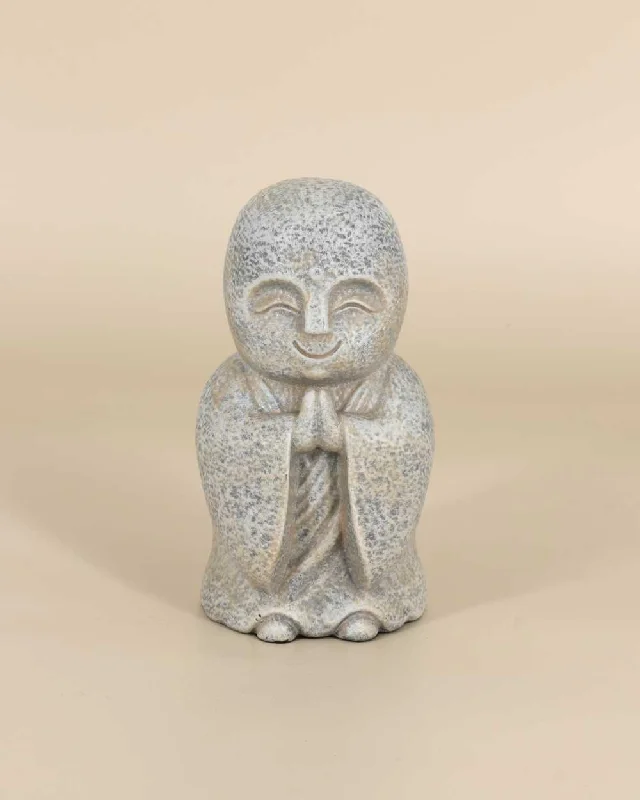 Contemporary glass wall shelf-Textured Jizo Namaste Statue