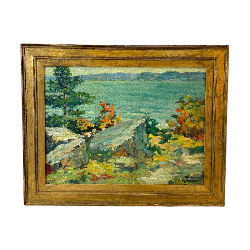 Elegant rattan sofa cushion-Vintage Original Framed Landscape Painting