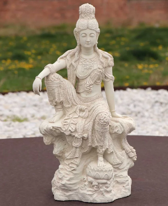 Rustic oak wall plaque-Water and Moon Kuan Yin Statue in Stone Finish, 18 Inches Tall