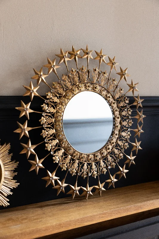 Handcrafted wooden shelf unit-Antique Gold Jewelled Star Wall Mirror