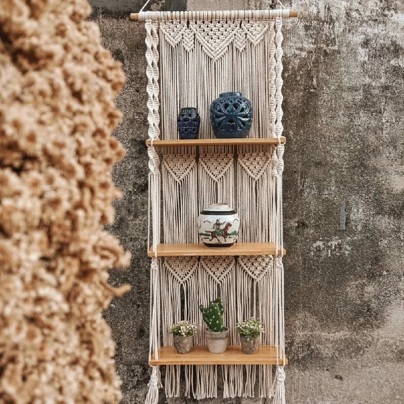 Handmade bamboo wall hook-Macrame Wall Hanging Shelf